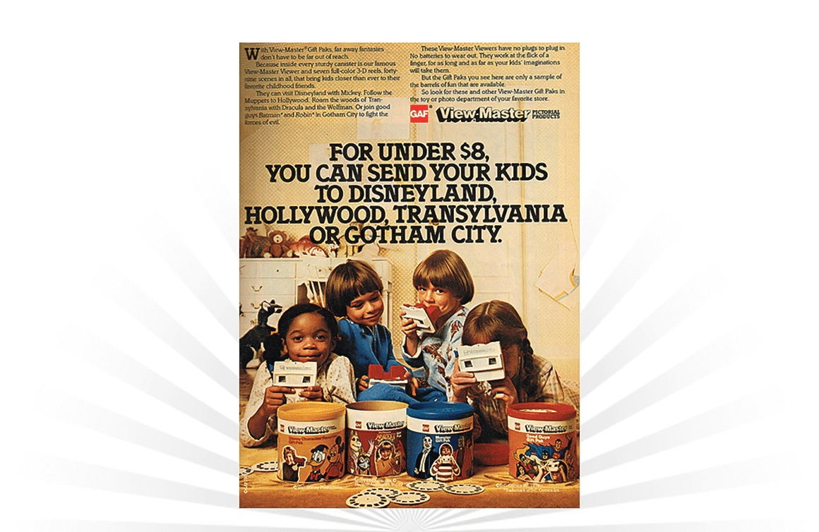 A vintage ad for View-Master pictorial products from GAF (1979