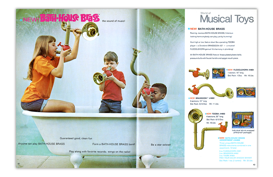 Bath House Brass toy musical instruments Mattel catalogue advertisement