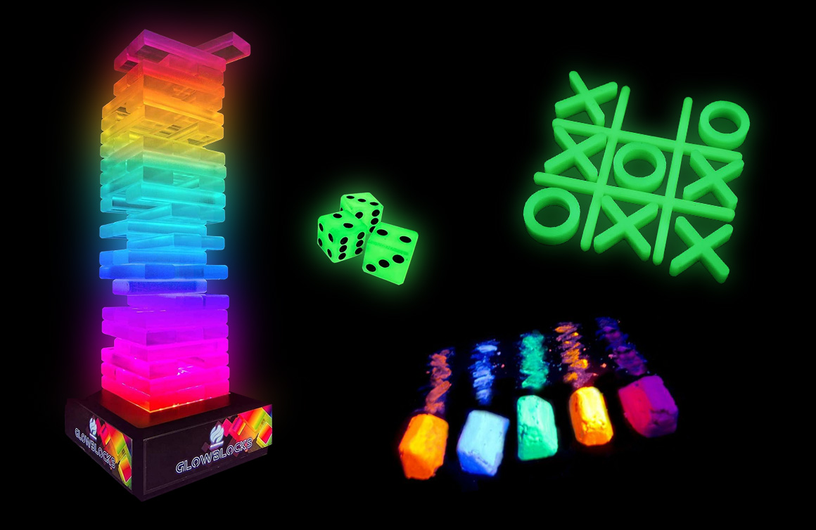 Glow-in-the dark Jenga, tic-tac-toe, dice, chalk