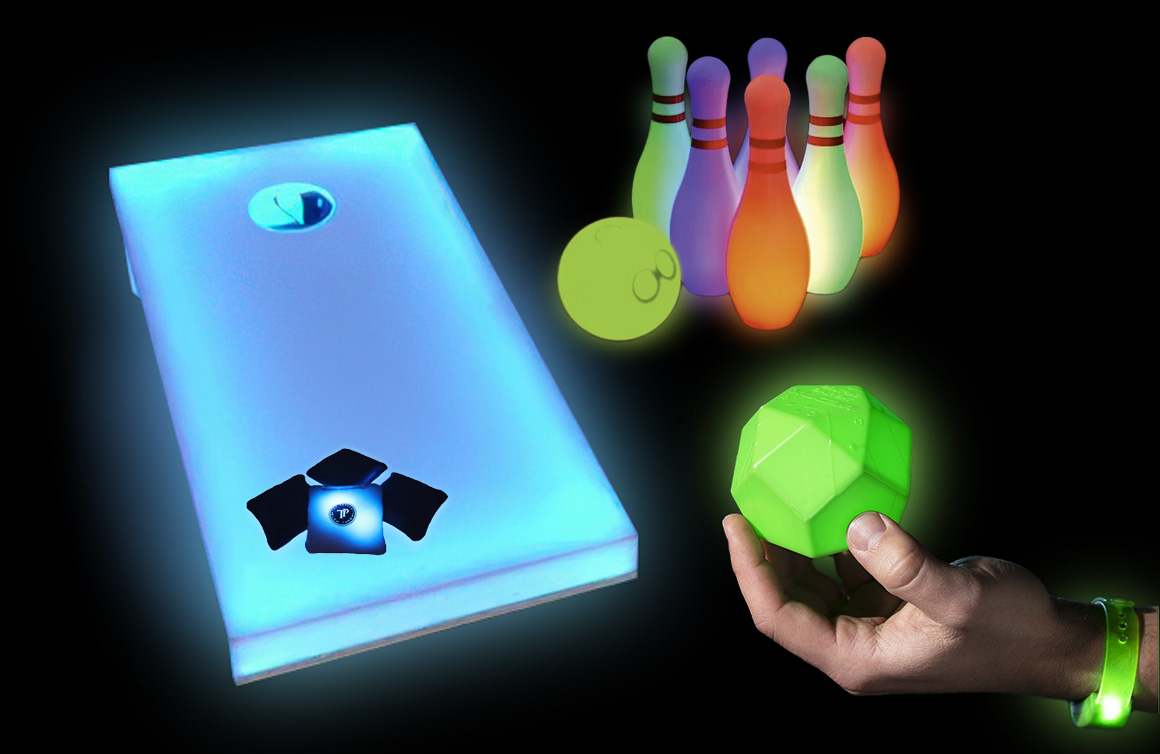 Glow-in-the-dark bowling, cornhole, bag toss