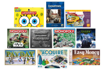 Monopoly Hasbro, Monopoly SpongeBob SquarePants Hasbro, Monopoly: Star Wars: Episode II Hasbro, Easy Money Milton Bradley, Pay Day Parker Brothers, Money! Money! Discovery Toys, Acquire Avalon Hill, Chinatown Alea, Monopoly: Star Wars: The Mandalorian Hasbro, Shark BGA Plus