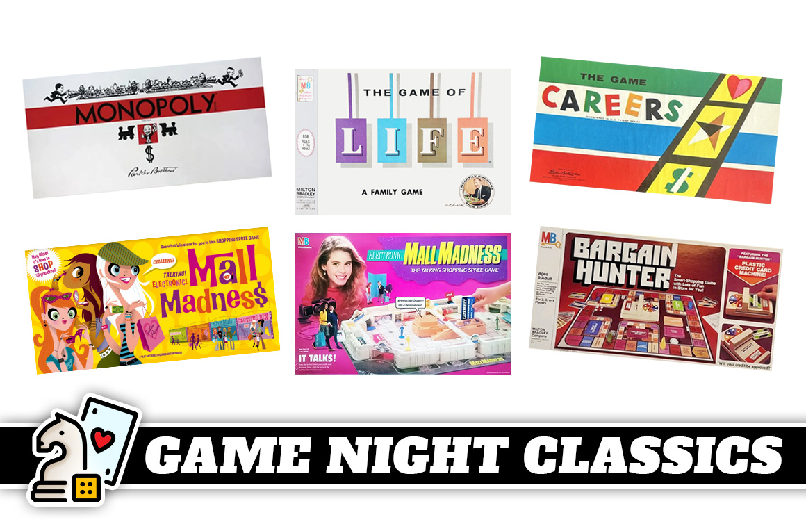Vintage Board Games, Monopoly, Careers, The Game of Life, Bargain Hunter, Mall Madness, Electronic Mall Madness